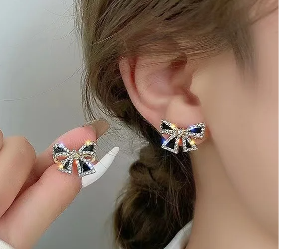 Black Bow Stud Earrings | Elegant Accents in Black Enamel with Paved Rhinestones