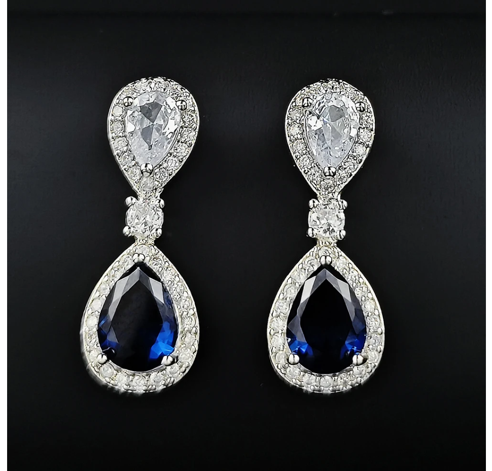 Blue Sapphire Diamond Earrings | Lab Simulated Diamond | 925 Sterling Silver