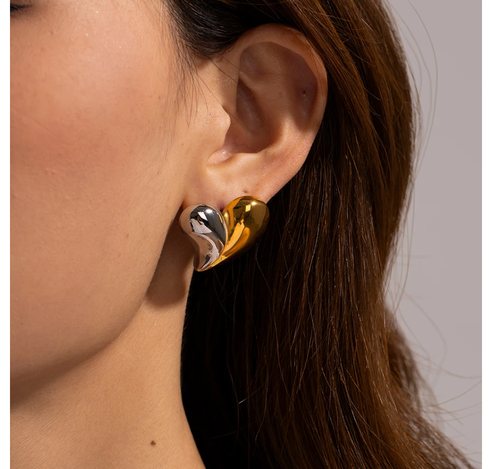 Heart Stud Earrings - Stainless Steel | A Fusion of Silver and Gold | Timeless Elegance in 18k Gold