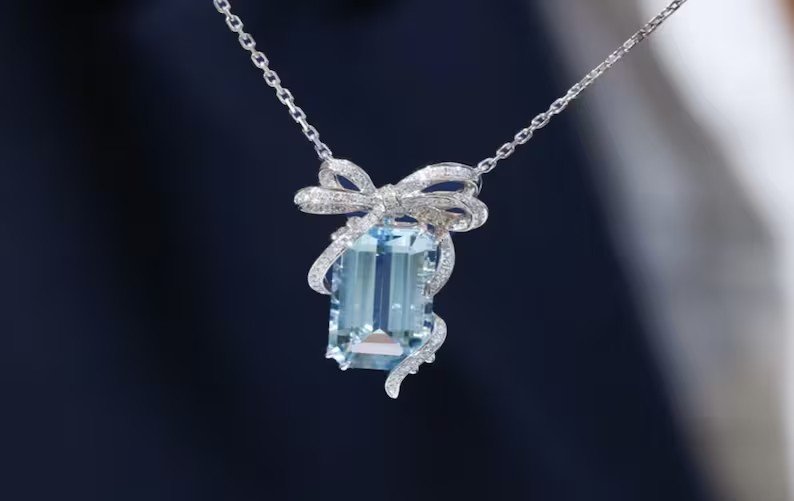 Aqua Marine Ribbon Gift Box Pendent Necklace | 925 Sterling Silver | Delivered in Gift Box.