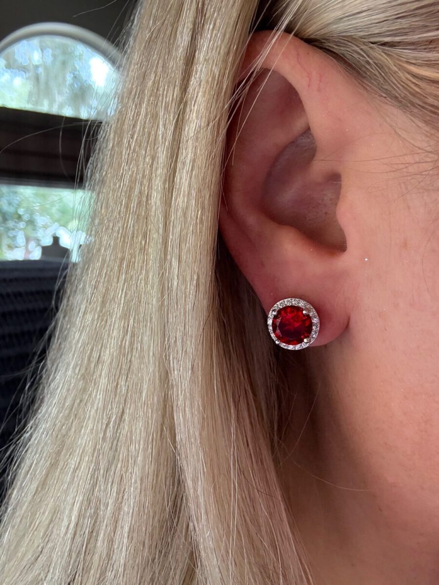 Ruby Halo Earrings | 925 Sterling Silver | Ruby Earrings with Diamond Accents