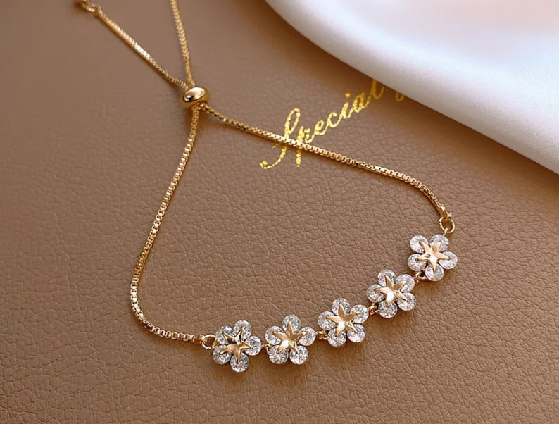 Flower Star Gold Adjustable Bracelet | 925 Sterling Silver | Gift For Her | Delivered in Gift Box.