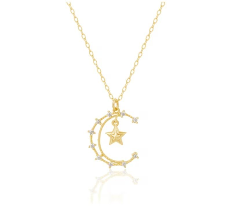 Star Moon Gold Necklace | 10 Accent Sparkling Stones | 925 Sterling Silver | Gift for her