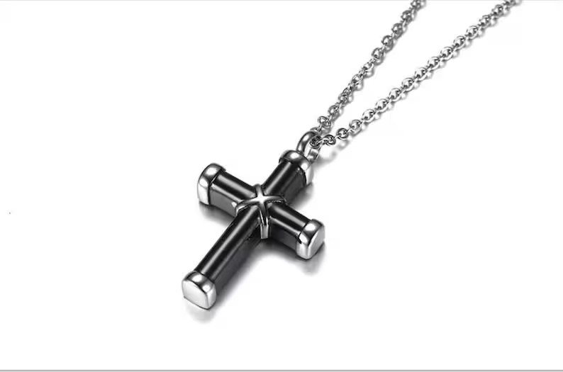 Cross Urn Pendant Necklace | Black and Stainless | Gift for Men or Women | Delivered in Gift Box