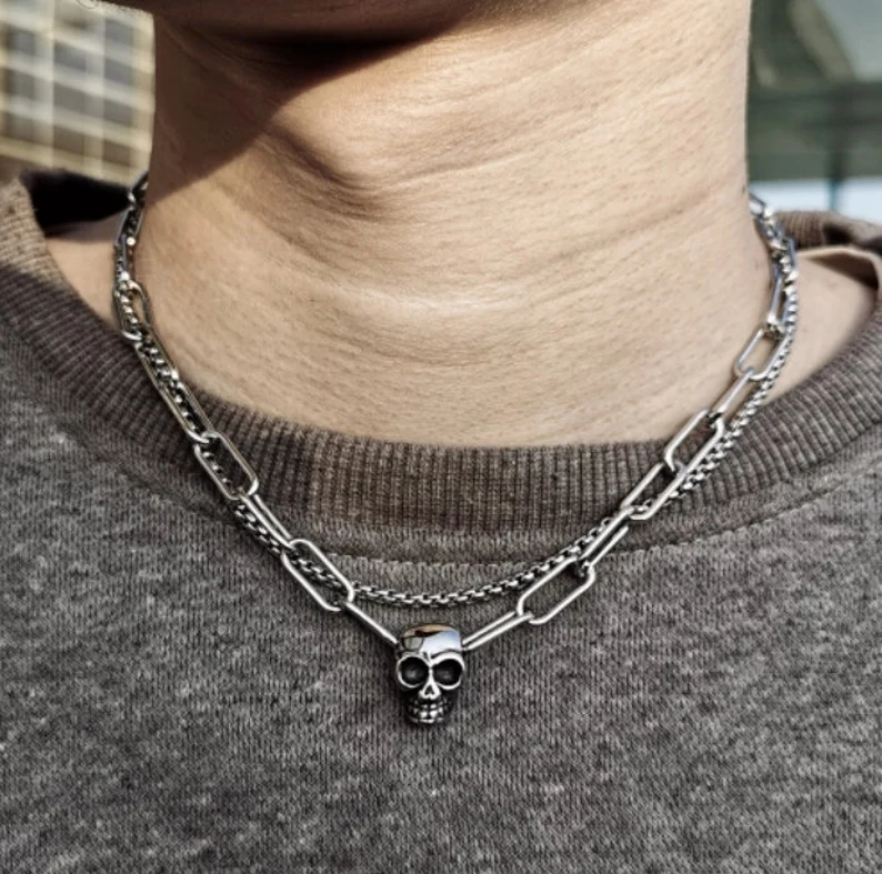 Skull Chain Double Layered Necklace | Men or Women | Stainless Steel | Gift for Him | Skull Lovers | Delivered in Gift Box
