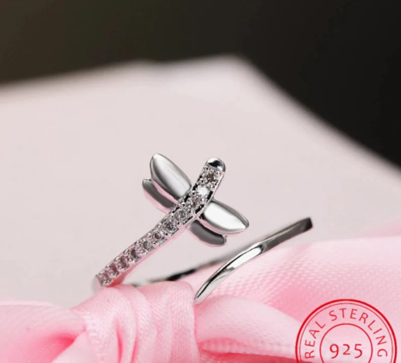Dragonfly Diamond Adjustable Ring | 925 Sterling Silver Stamped | Gift for her | Delivered in Gift Box.