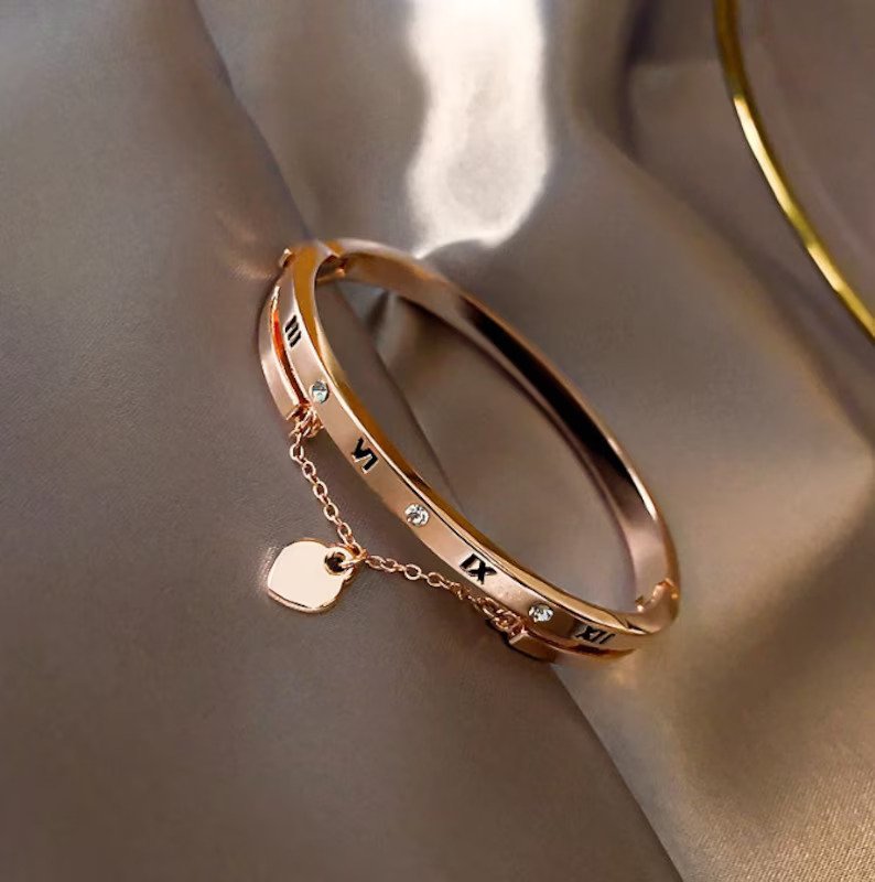 Elegant Roman Numeral Bangle Bracelet | Rose Gold