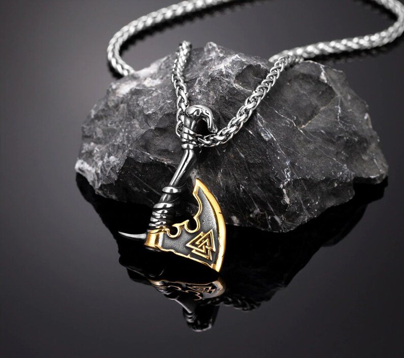 Men's Viking Valknut Axe Necklace | Gold and Stainless Steel | Gift for Him | Delivered in Viking Wood Gift Box Ready To Give.