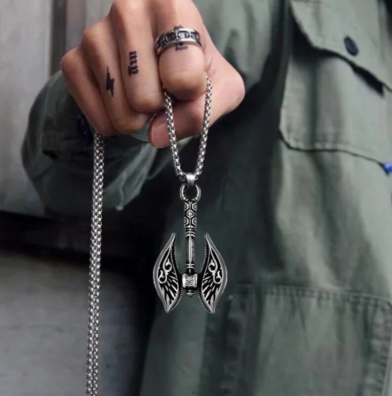 Men's Double Tomahawk Viking Pendant Necklace | Stainless Steel | Gift for Him | Delivered in a Viking Wood Gift Box Ready To Give