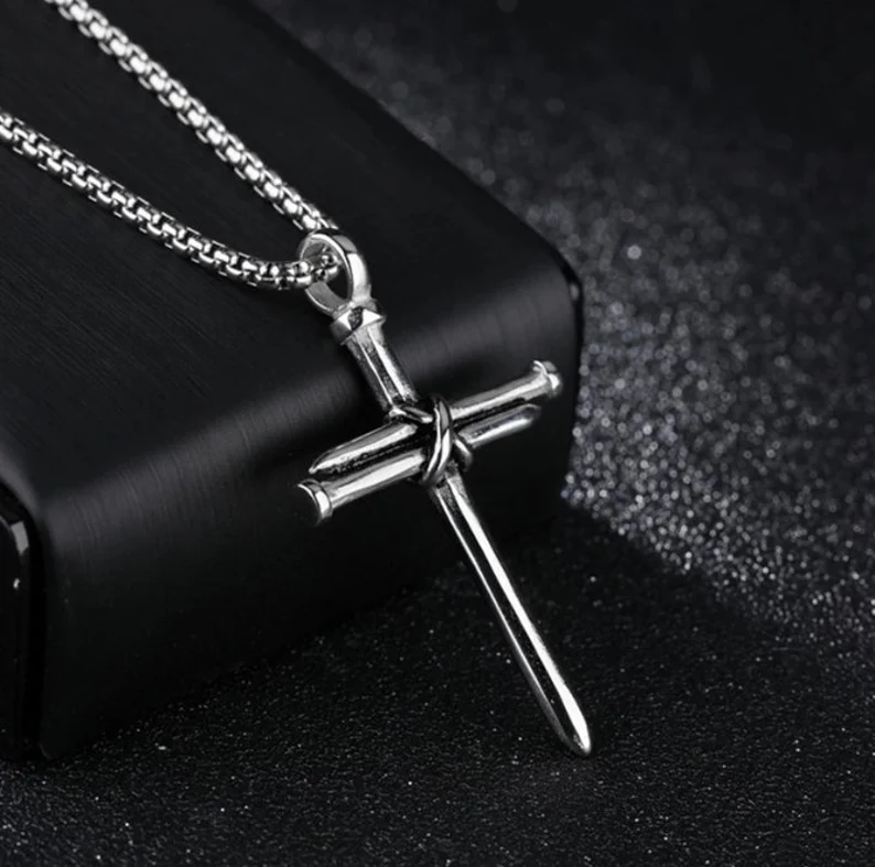 Cross Nail Necklace | Men or Women | Available in Black or Silver | Polished Stainless Steel | Gift for Him or Her | Delivered in Gift Box