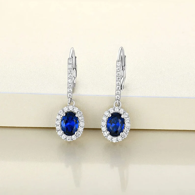 Blue Sapphire Halo Drop Oval Earrings | 925 Sterling Silver | Gift for her
