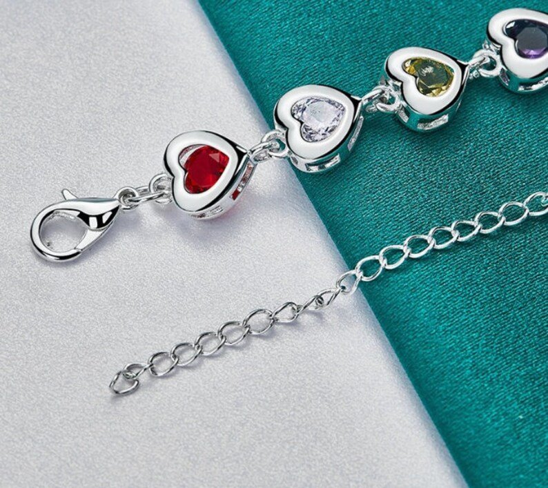 Rainbow Heart Bracelet | 925 Sterling Silver Stamped | Gift For Teen | Gift For Her | Birthstone Bracelet | Delivered in Gift Box.