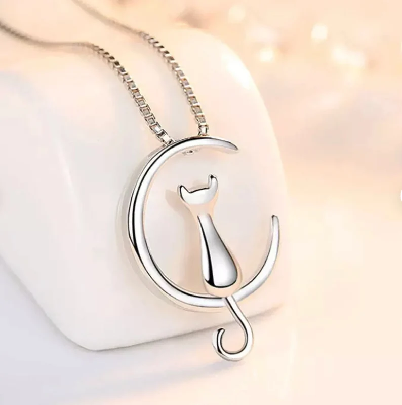 Cat Crescent Moon Pendant Necklace | 925 Sterling Silver | Gifts For Her | Cat Gifts | Cat Lovers | Delivered in Gift Box