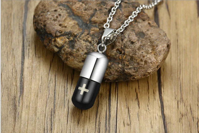 Cross Pill Urn Necklace | Men or Women | Cross Engraved | Cremation Urn Pendant | Perfume Holder | Ashes Vial Keepsake | Memorial Jewelry