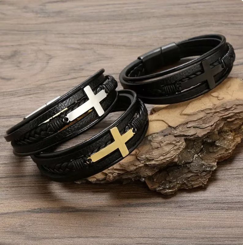 Cross Leather Stainless Steel Bracelet | Magnetic Closure | Gift for Him | Delivered in Gift Box.