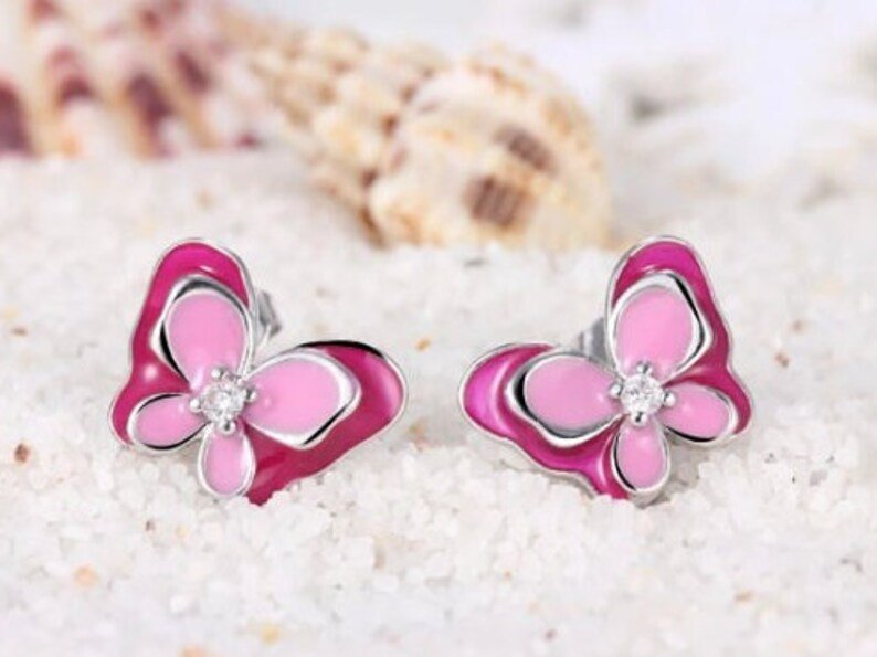 Pink Butterfly Stud Earrings | 925 Sterling Silver | Women Earrings | Children Earrings | Kids Earrings | Gift for her