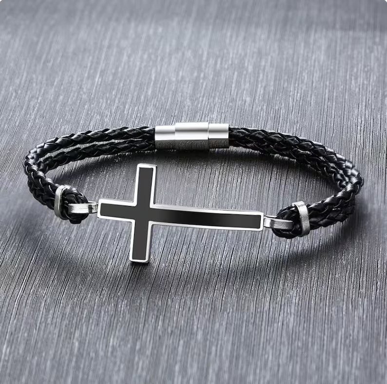 Men Sideways Cross Black Leather Bracelet | Magnetic Closure | Gift for Him | Delivered in Gift Box