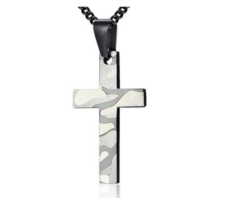 Camouflage Cross Pendant Necklace | Stainless Steel | Military Cross | 24" Chain | Gift for Him or Her | Delivered in Gift Box