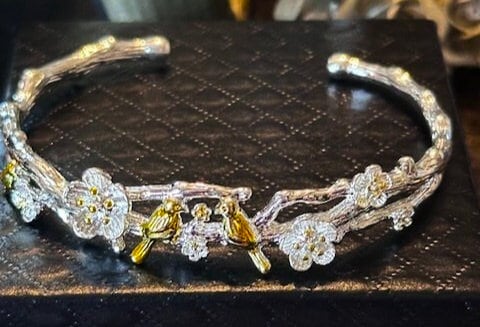 Bird Garden Blossom Cuff Bracelet | Stamped 925 Sterling Silver